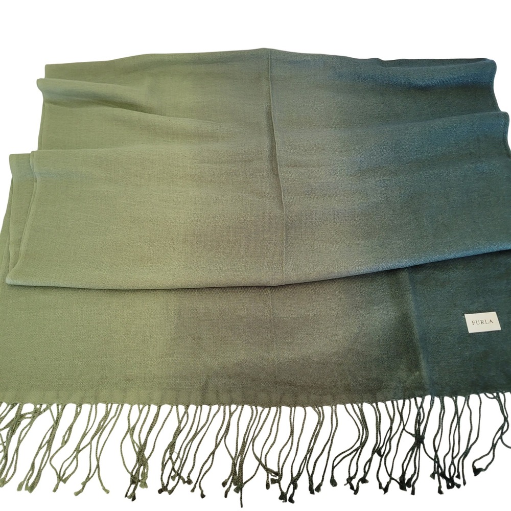 Furla Green Ombre Pashmina Scarf Gradient Fringe Wrap Sage Forest Green OS